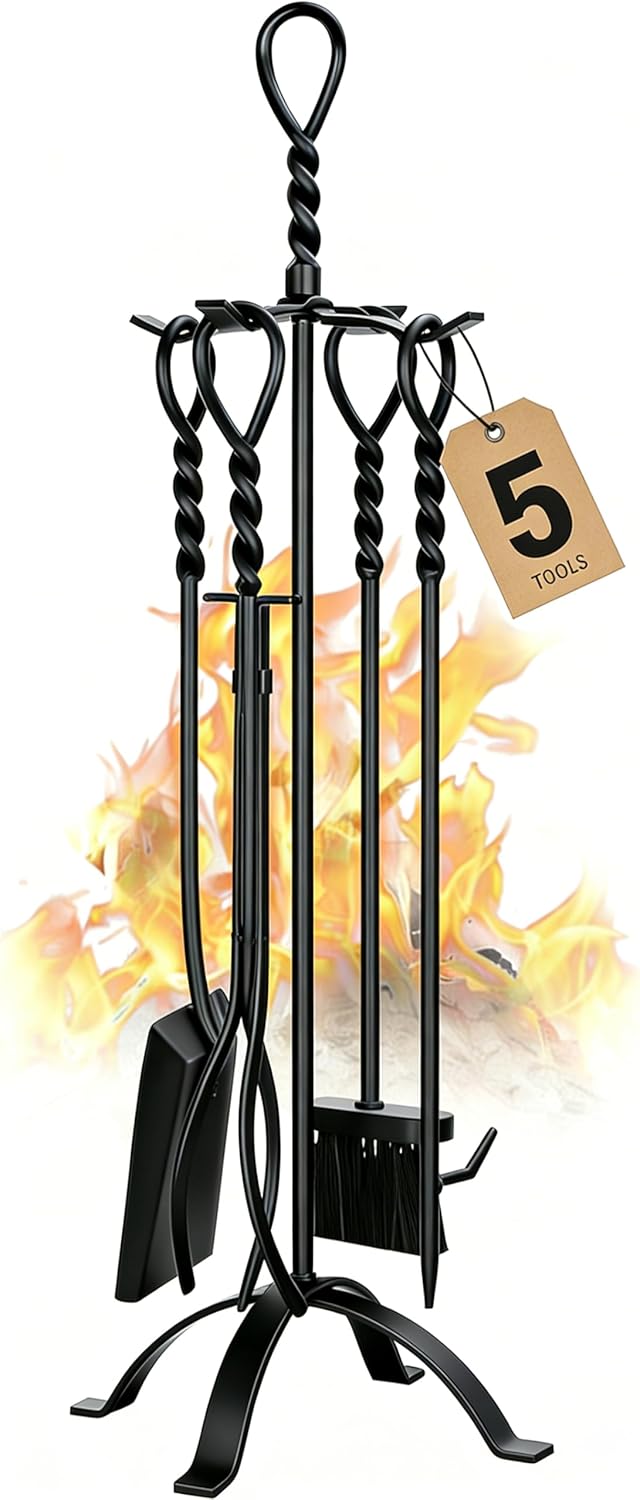 Gtongoko fireplace tool set displayed next to a fireplace