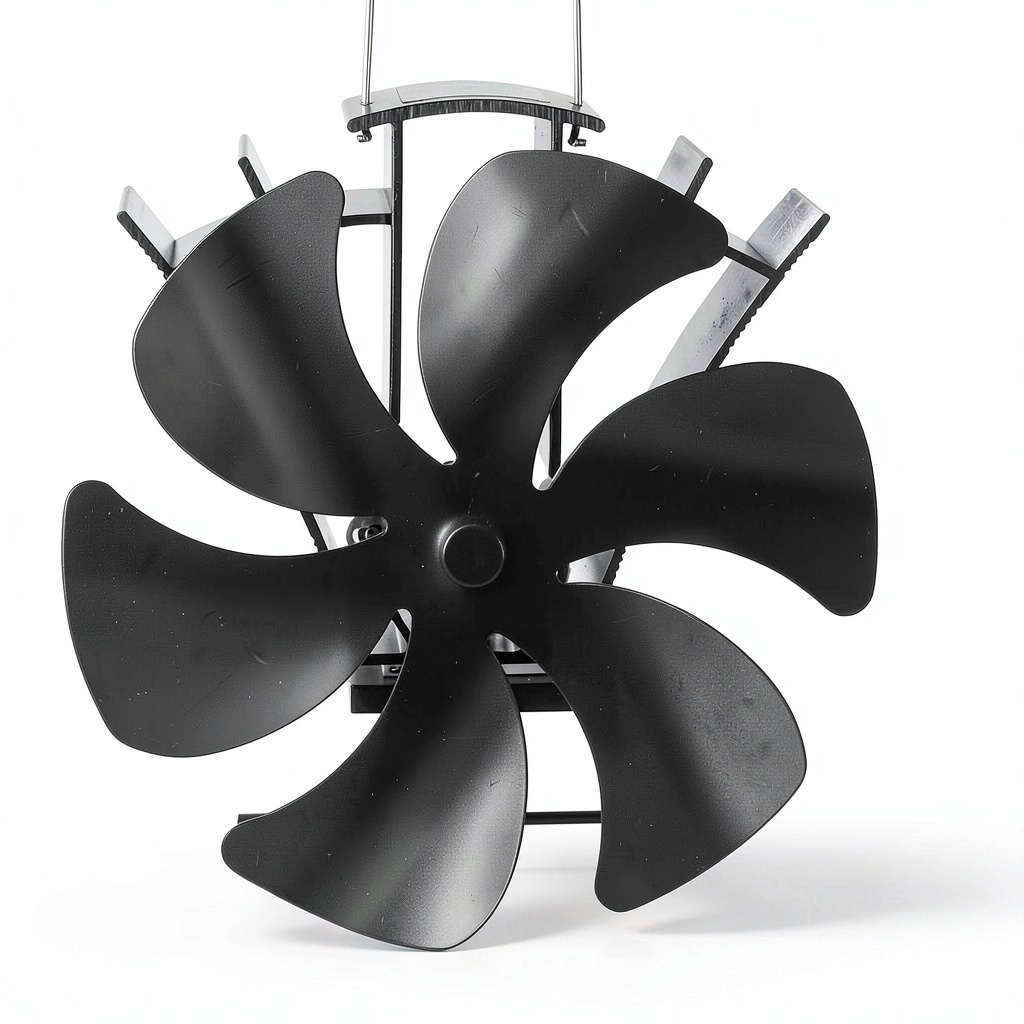 VODA stove fan placed on a wood stove in a cozy living room