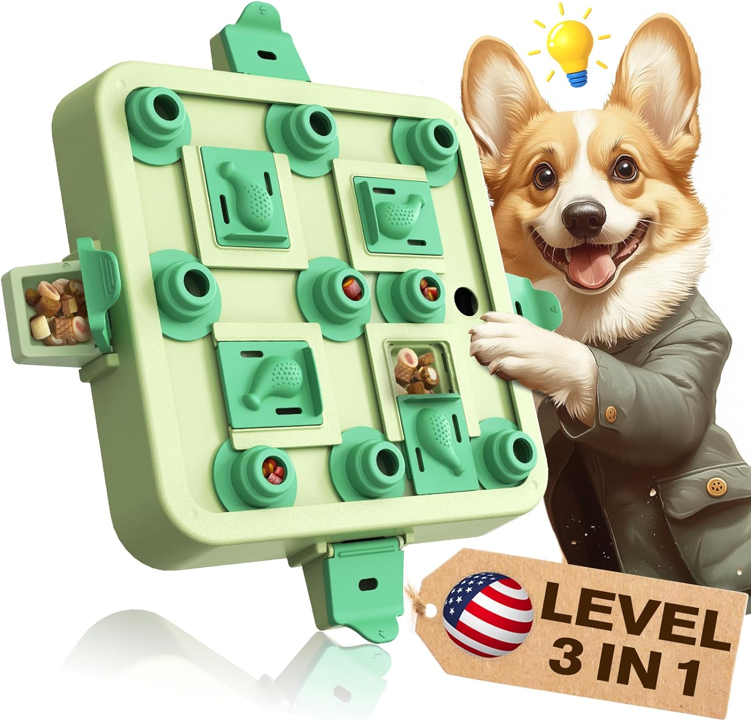 Installing KADTC Dog Puzzle Toy Slow Feeder Three Levels Green Blue on a wooden floor